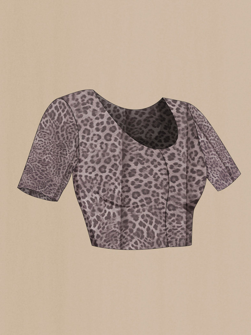 Close up image of the blouse of Grey Crepe Saree with Printed design on the body and Plain Border
