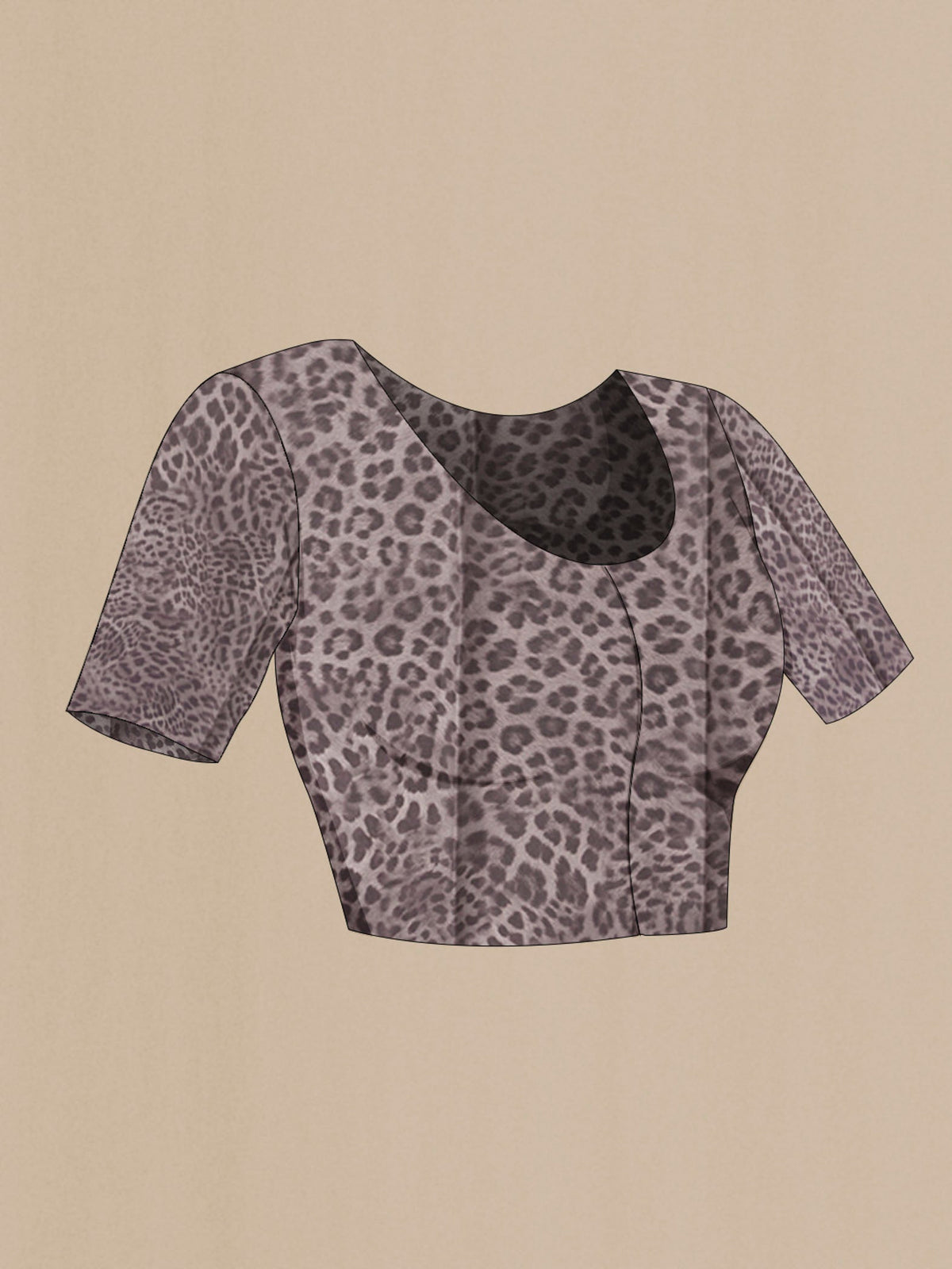 Close up image of the blouse of Grey Crepe Saree with Printed design on the body and Plain Border