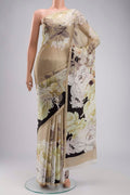 Beige Satin Silk Saree with Plain Body and Printed Border displayed on a mannequin