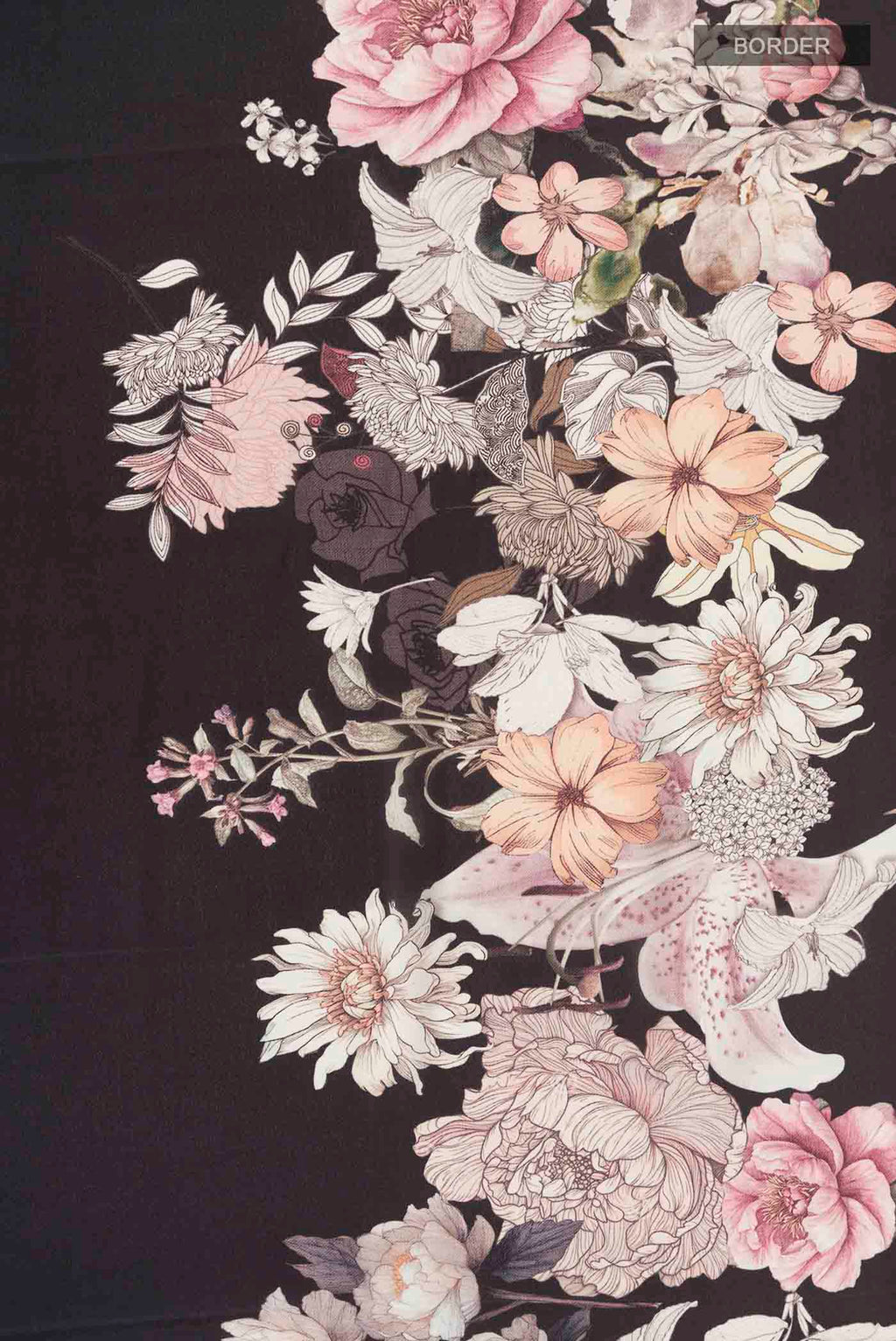 Border image of Black Crepe Saree with Printed design on the body and Plain Border