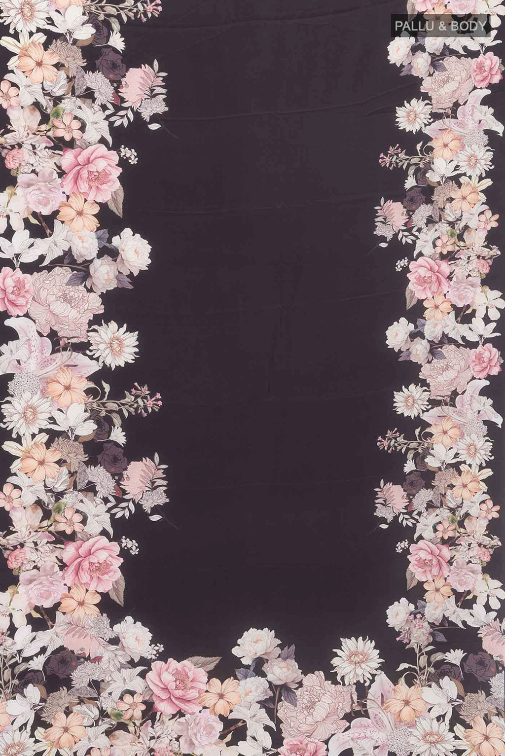 Flat view of Black Crepe Saree with Printed design on the body and Plain Border