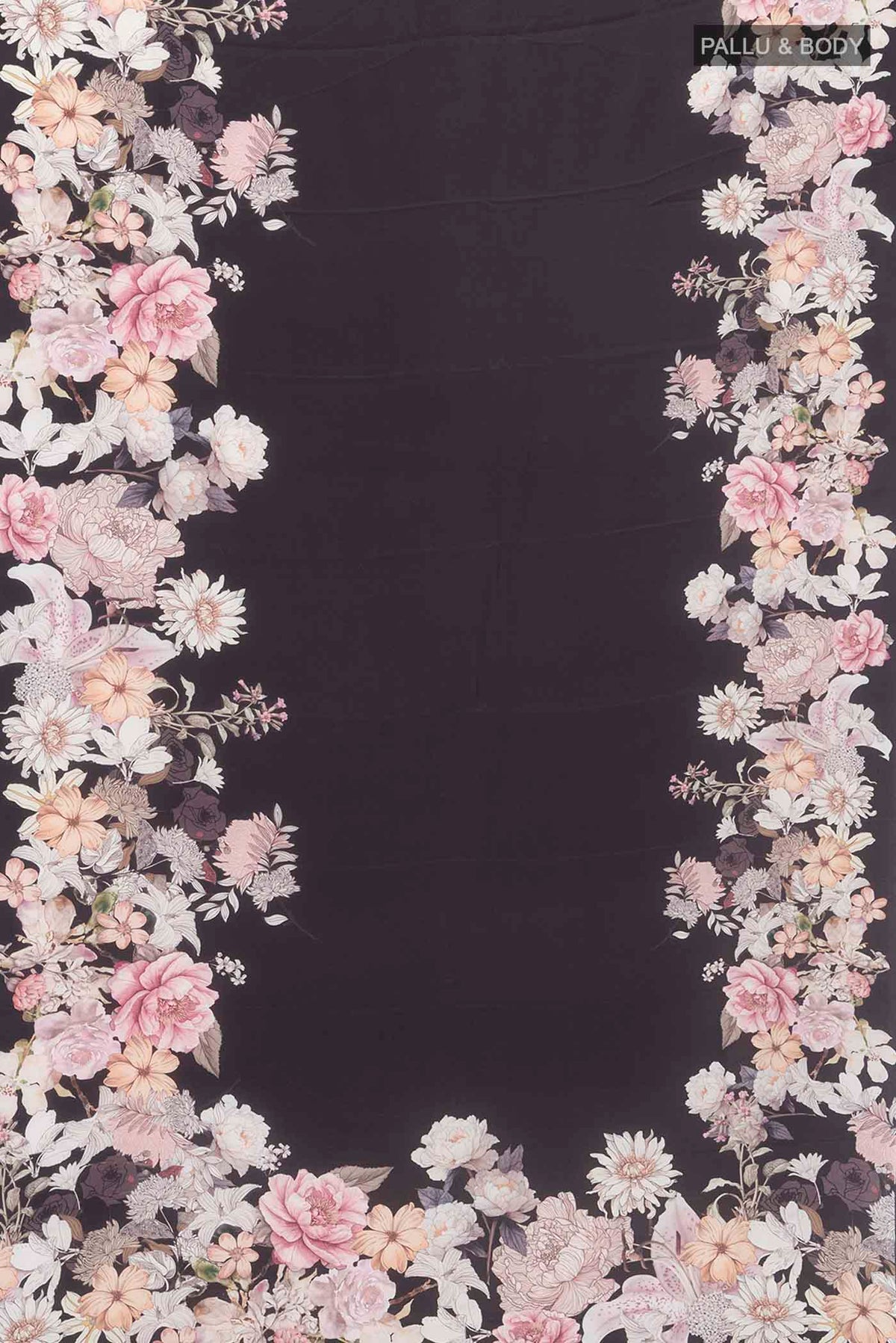 Flat view of Black Crepe Saree with Printed design on the body and Plain Border