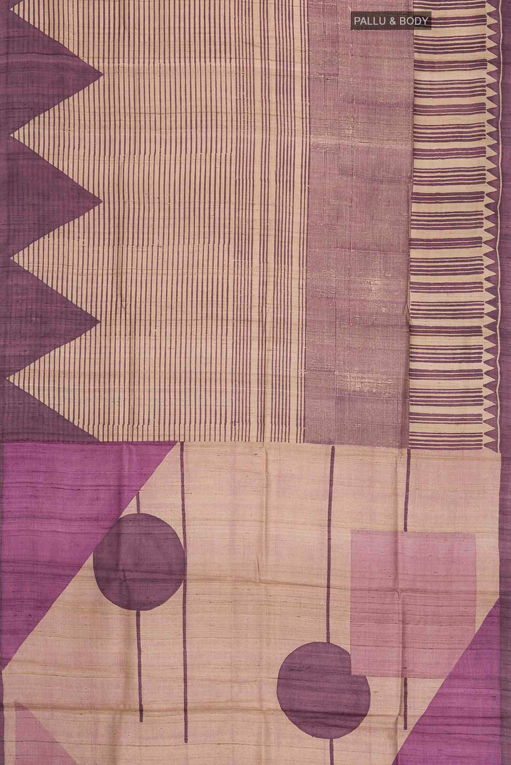 Flat view of Purple Tussar Silk Saree with Stripes on the body and Temple Border