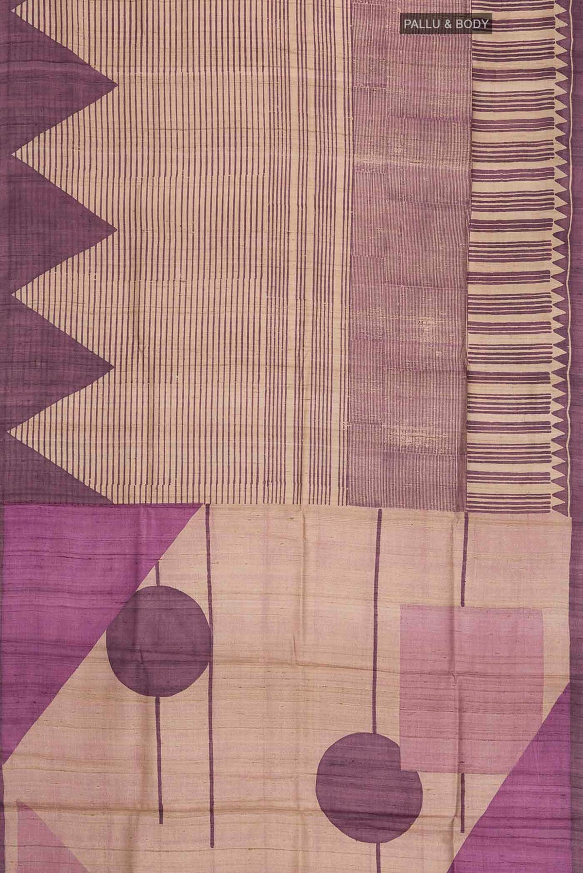 Flat view of Purple Tussar Silk Saree with Stripes on the body and Temple Border