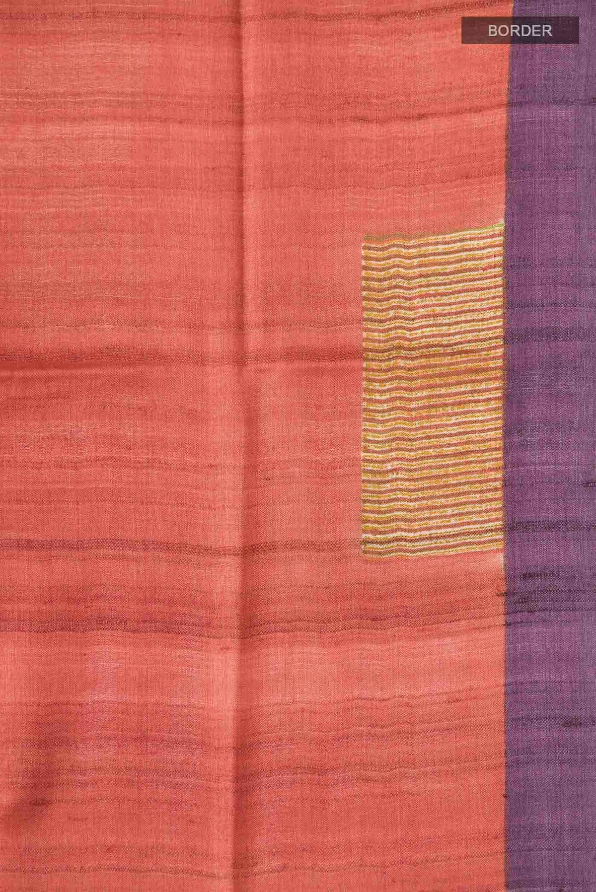 Border image of Rust Bhagalpuri Tussar Silk Saree with Printed design on the body and Plain Border