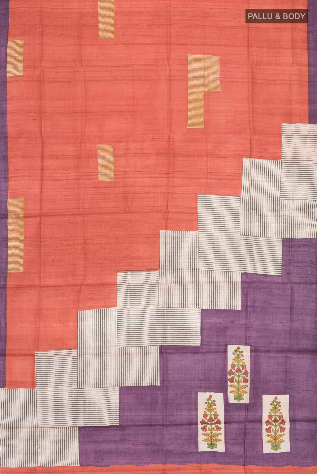 Flat view of Rust Bhagalpuri Tussar Silk Saree with Printed design on the body and Plain Border