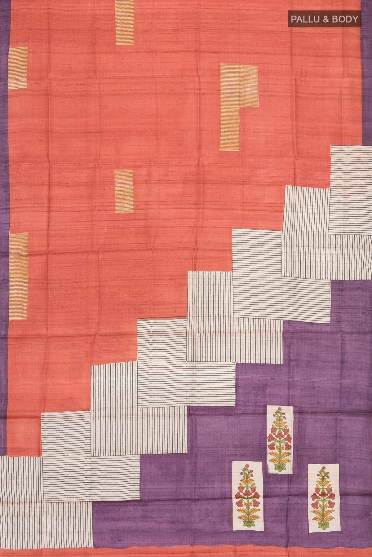 Flat view of Rust Bhagalpuri Tussar Silk Saree with Printed design on the body and Plain Border
