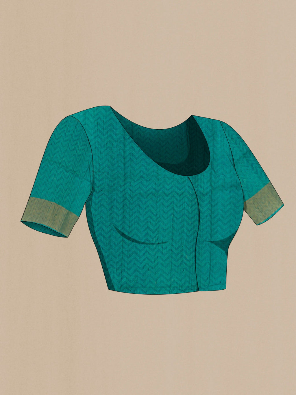 Close up image of the blouse of Green Tussar Saree with Printed design on the body and Zari Border. 