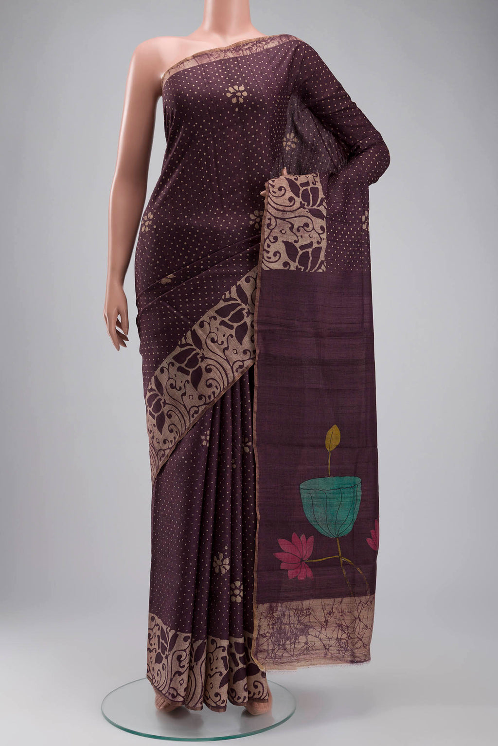 Purple Tussar Silk Saree with Printed design on the body and Printed Border displayed on a mannequin