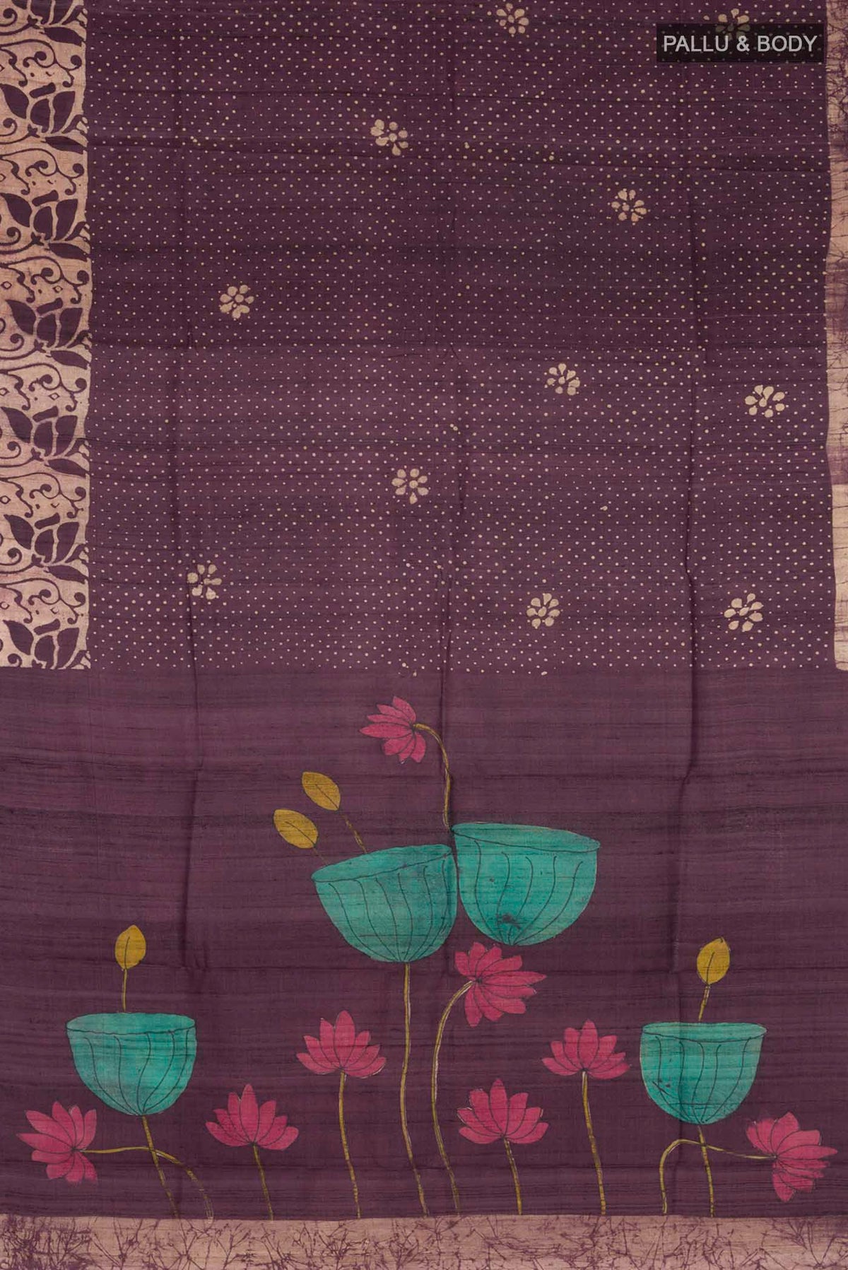 Flat view of Purple Tussar Silk Saree with Printed design on the body and Printed Border