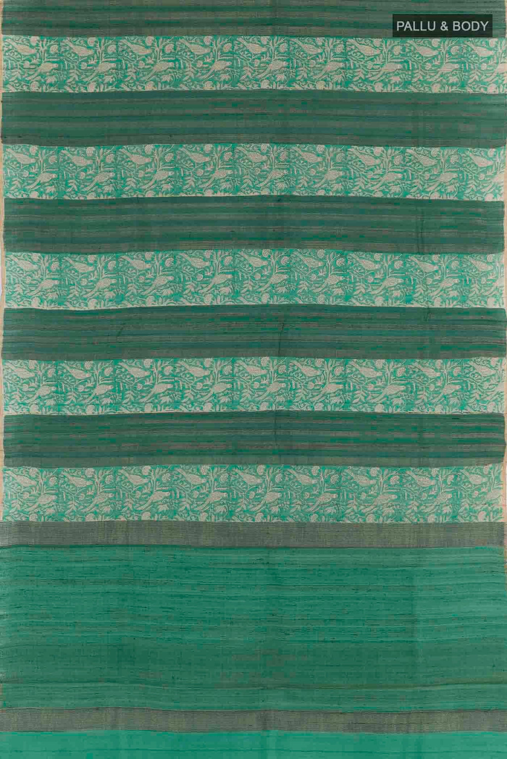 Flat view of Sea Green Tussar Saree with Printed design on the body and Zari Border