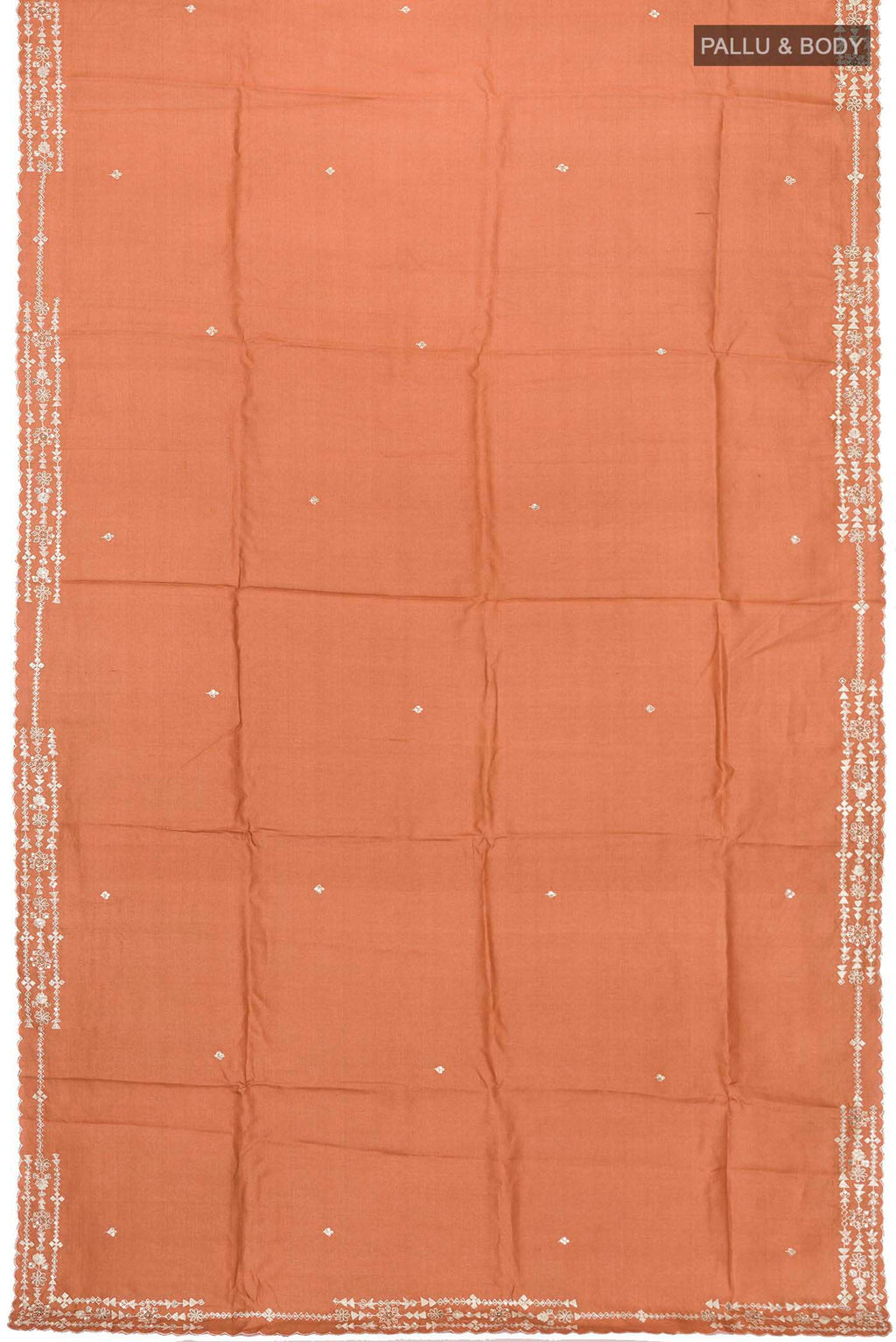 Flat view of Rust Bhagalpuri Tussar Silk Saree with Embroidery on the body and Embroidery Border