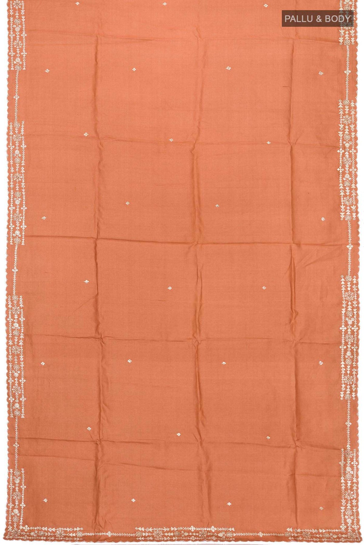 Flat view of Rust Bhagalpuri Tussar Silk Saree with Embroidery on the body and Embroidery Border
