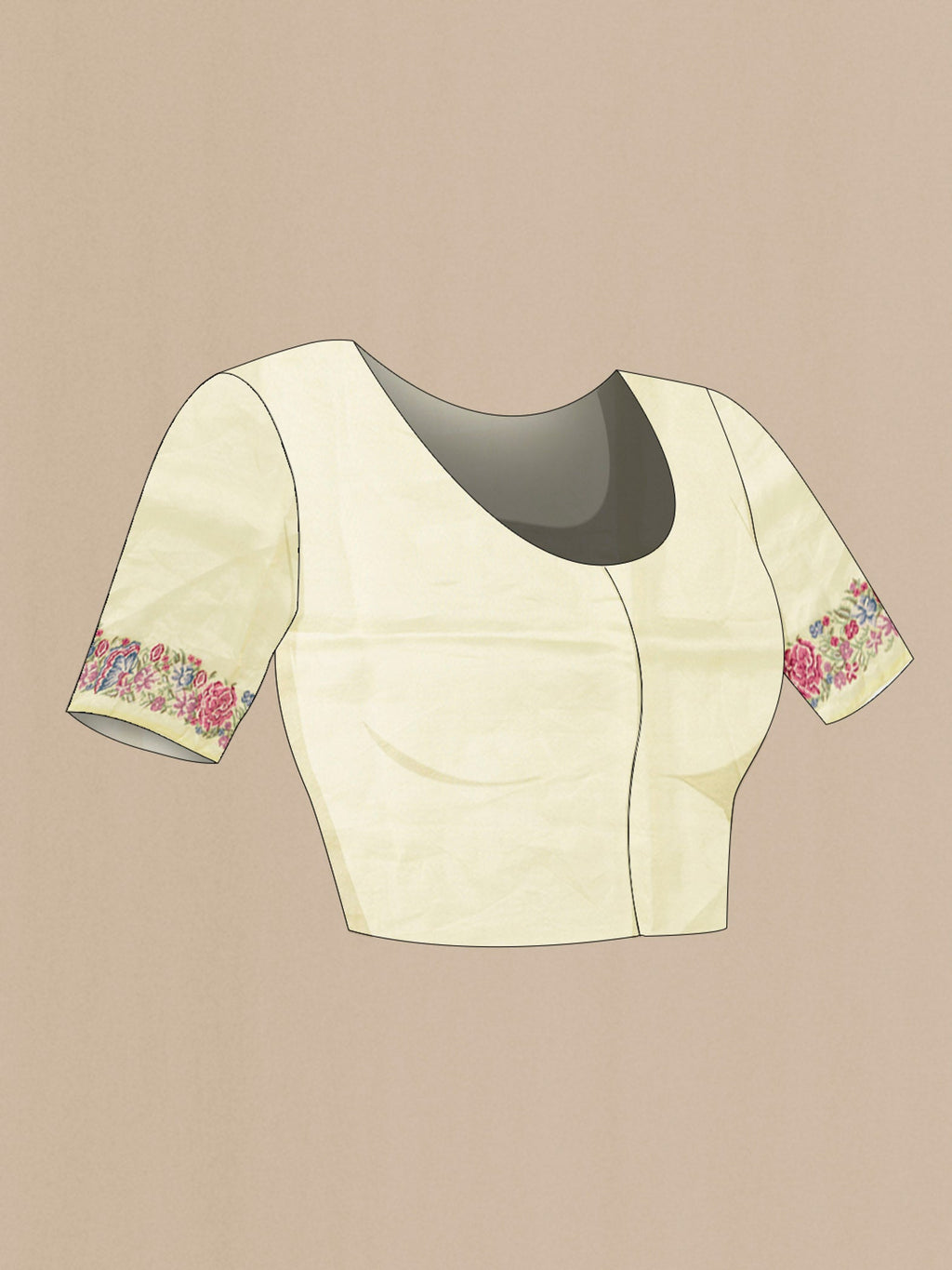 Close up image of the blouse of Yellow Tissue Silk Saree with Zari Brocade on the body and Embroidery Border