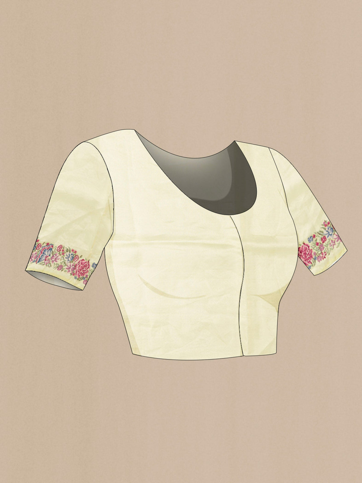 Close up image of the blouse of Yellow Tissue Silk Saree with Zari Brocade on the body and Embroidery Border