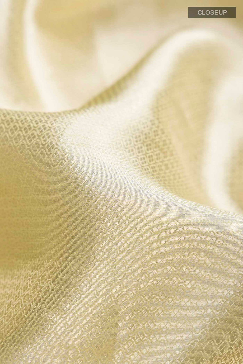 Close up of Yellow Tissue Silk Saree with Zari Brocade on the body and Embroidery Border displaying folds