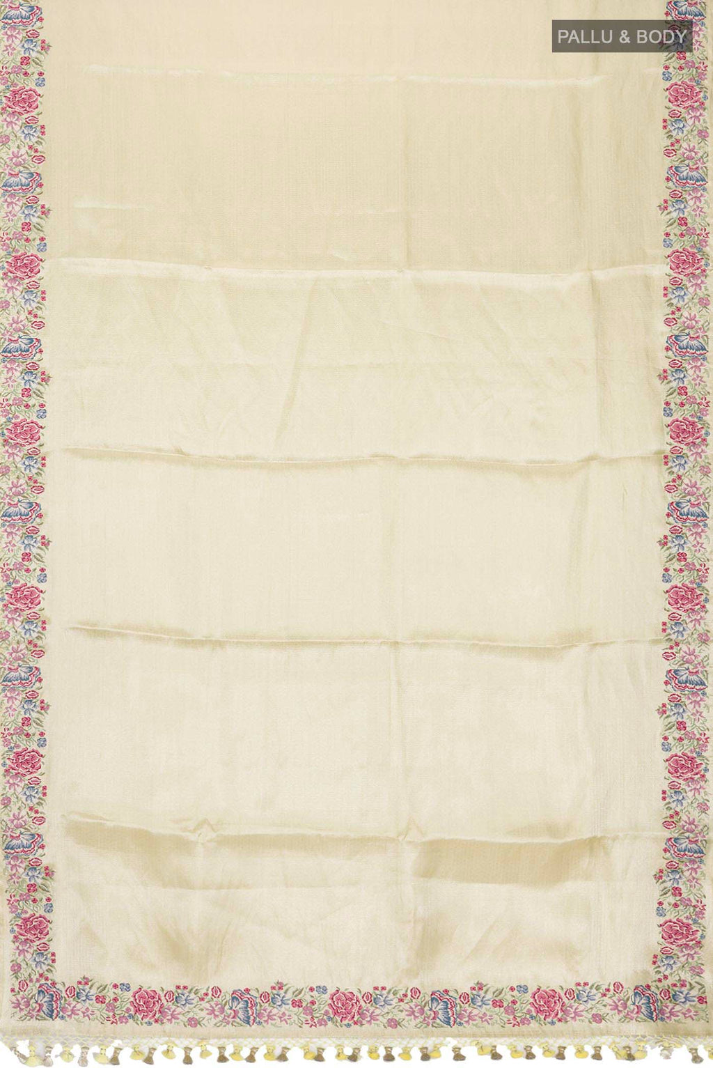 Flat view of Yellow Tissue Silk Saree with Zari Brocade on the body and Embroidery Border