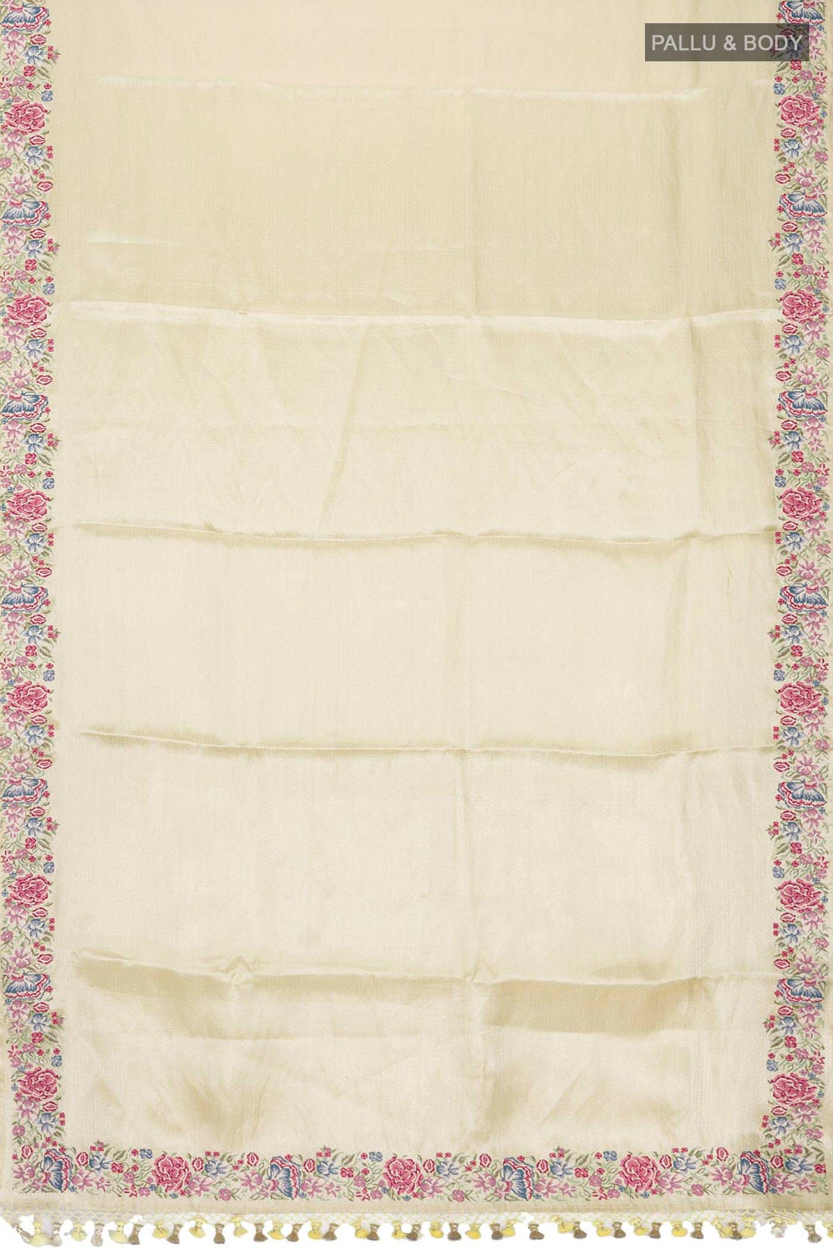 Flat view of Yellow Tissue Silk Saree with Zari Brocade on the body and Embroidery Border
