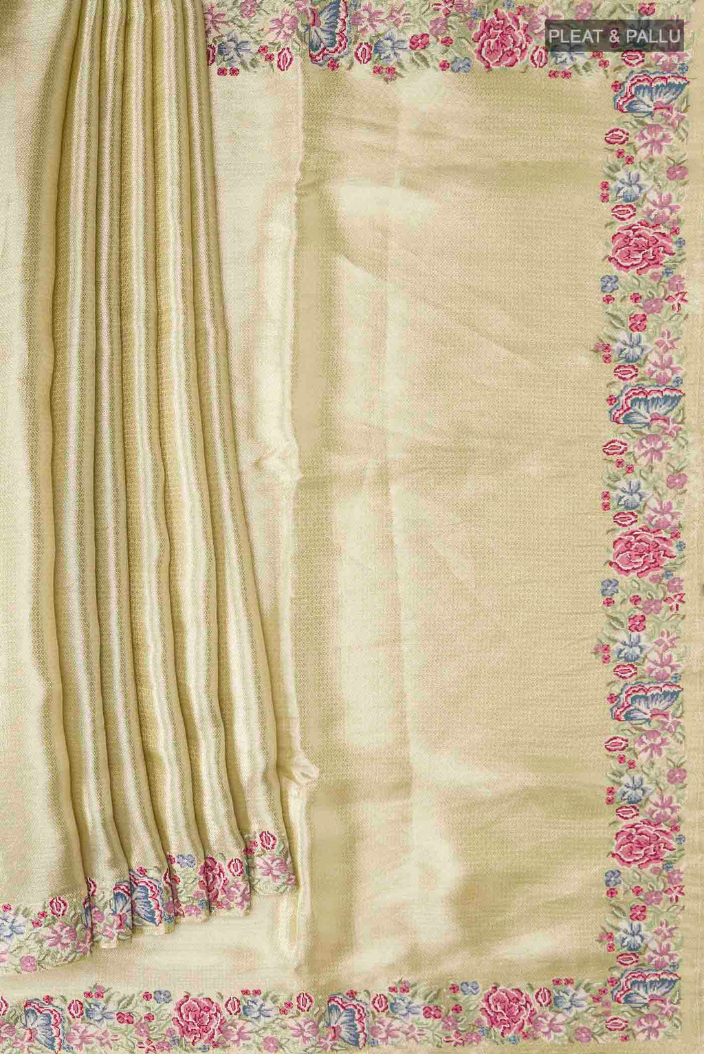 Pleats and pallu of Yellow Tissue Silk Saree with Zari Brocade on the body and Embroidery Border