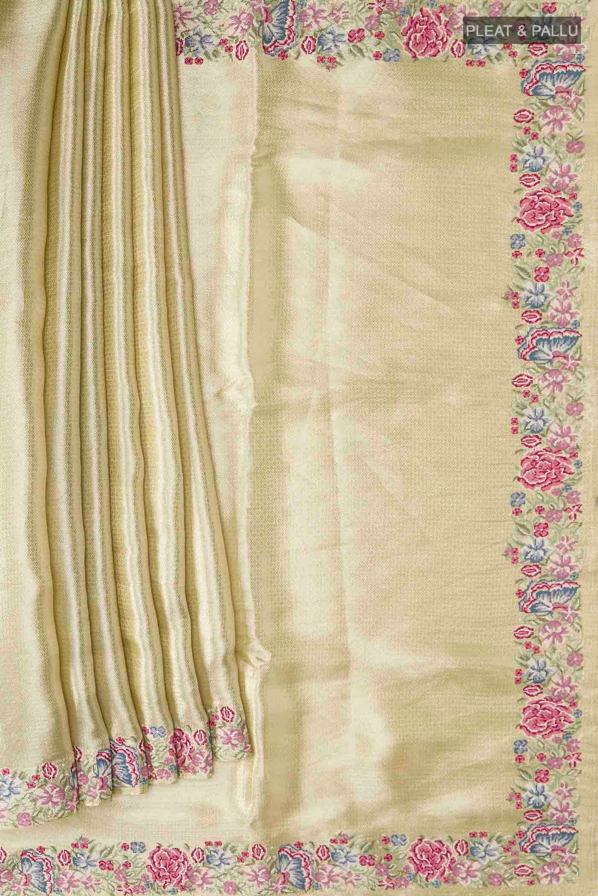 Pleats and pallu of Yellow Tissue Silk Saree with Zari Brocade on the body and Embroidery Border