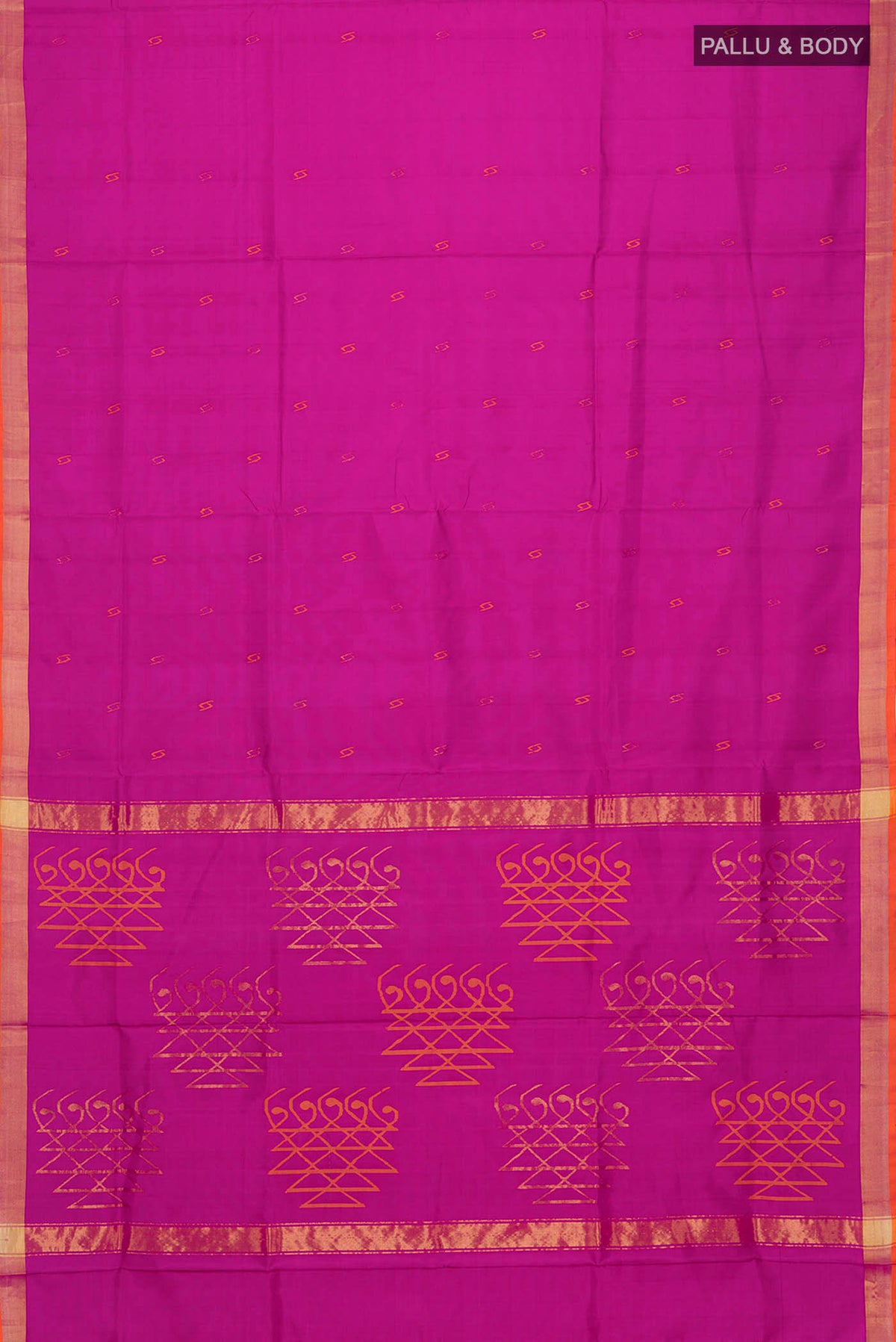 Flat view of Magenta Uppada Silk Saree with Thread Butta on the body and Zari Border