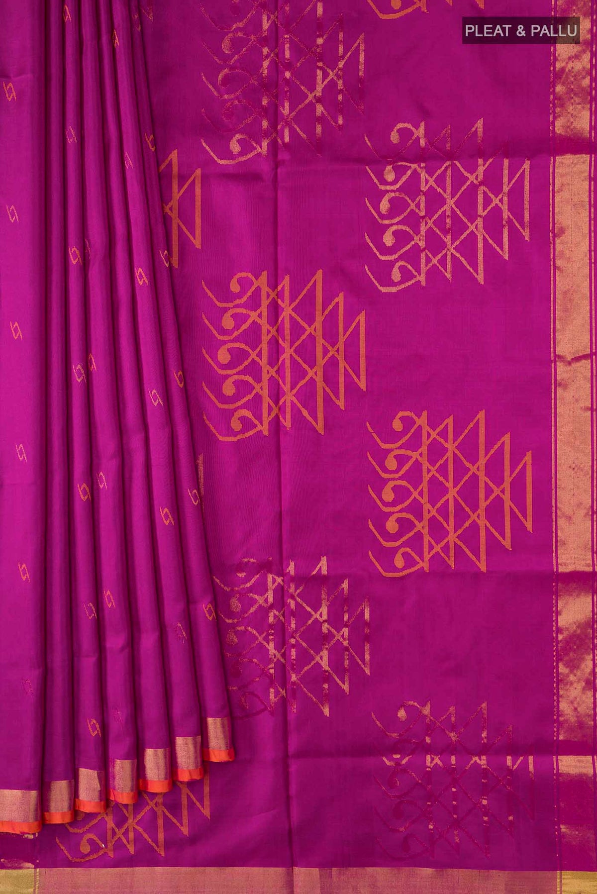 Pleats and pallu of Magenta Uppada Silk Saree with Thread Butta on the body and Zari Border