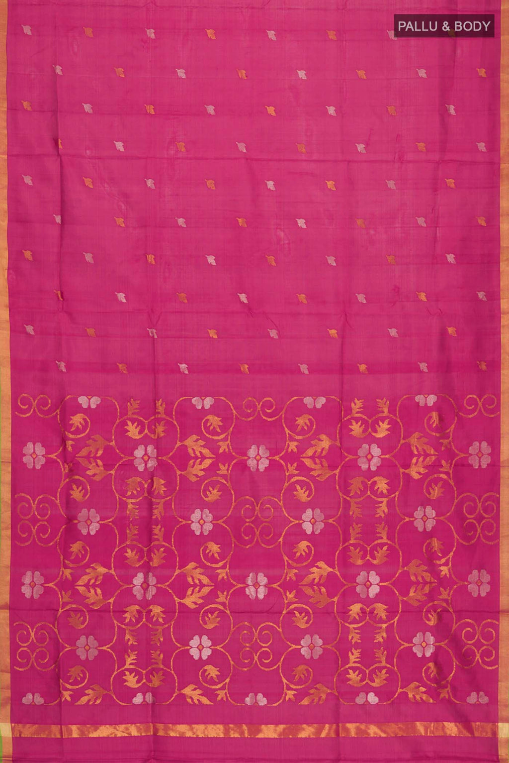 Flat view of Pink Uppada Silk Saree with Zari Butta on the body and Zari Border