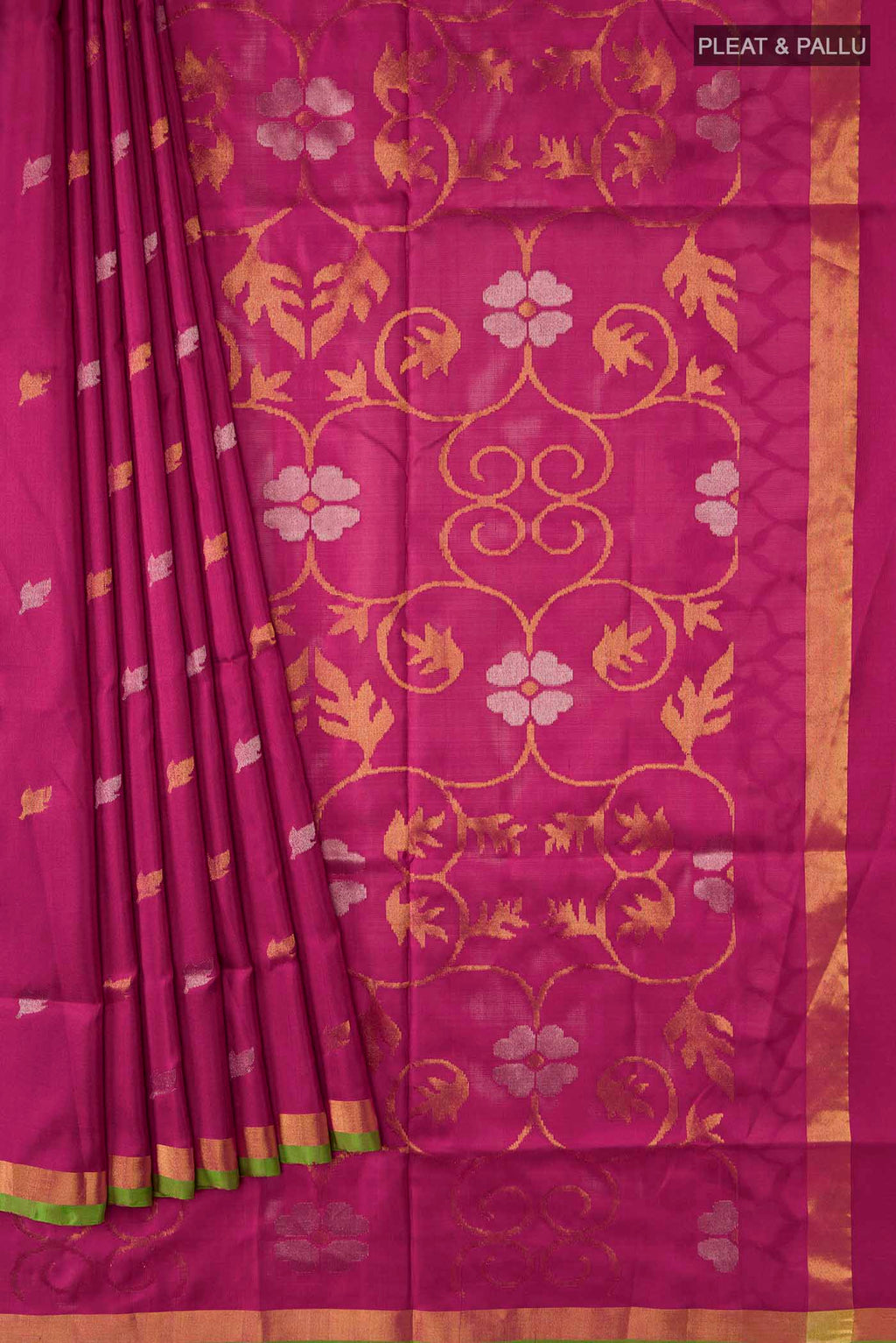 Pleats and pallu of Pink Uppada Silk Saree with Zari Butta on the body and Zari Border
