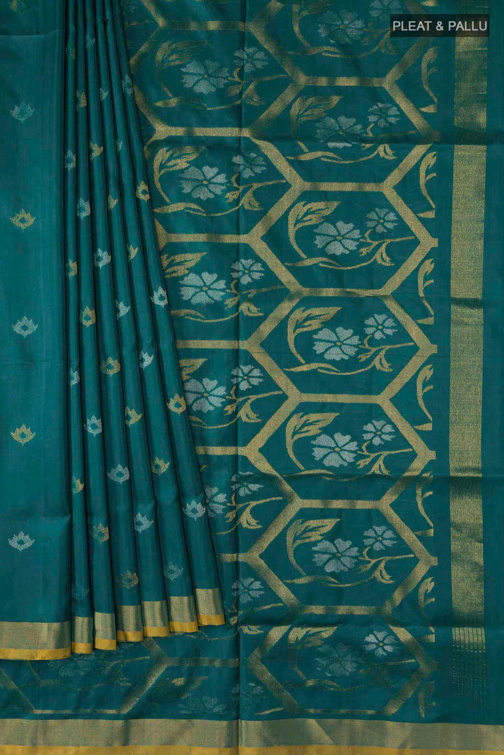 Pleats and pallu of Blue Uppada Silk Saree with Zari Butta on the body and Zari Border
