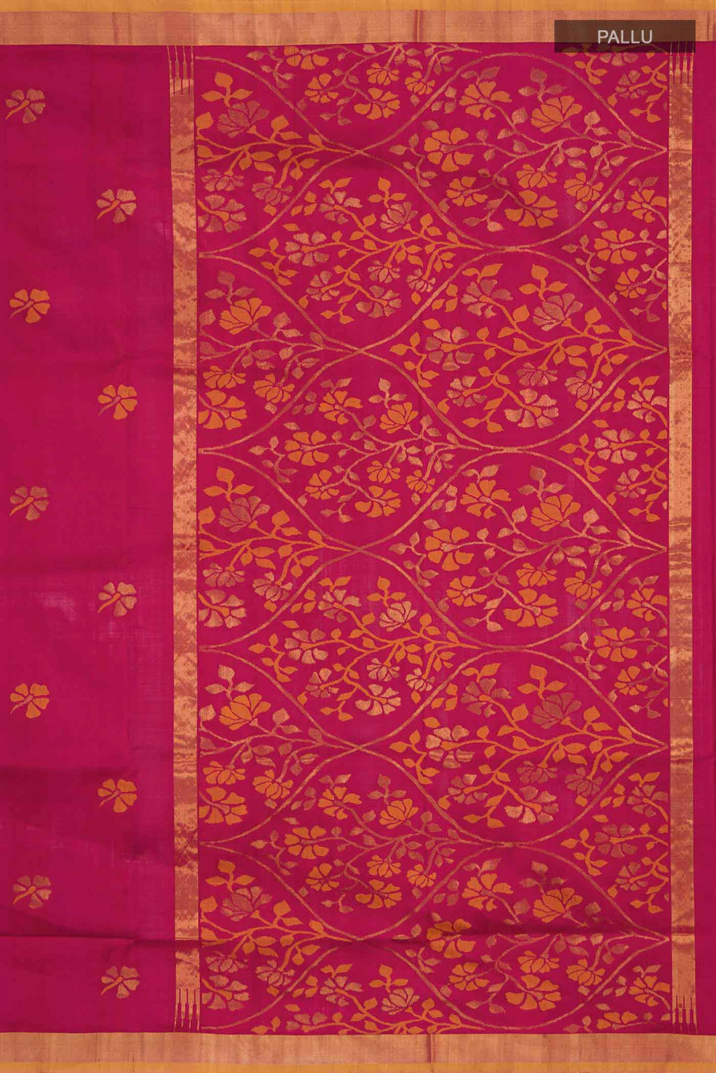 Close up image of the pallu of Maroon Uppada Silk Saree with Zari Butta on the body and Zari Border