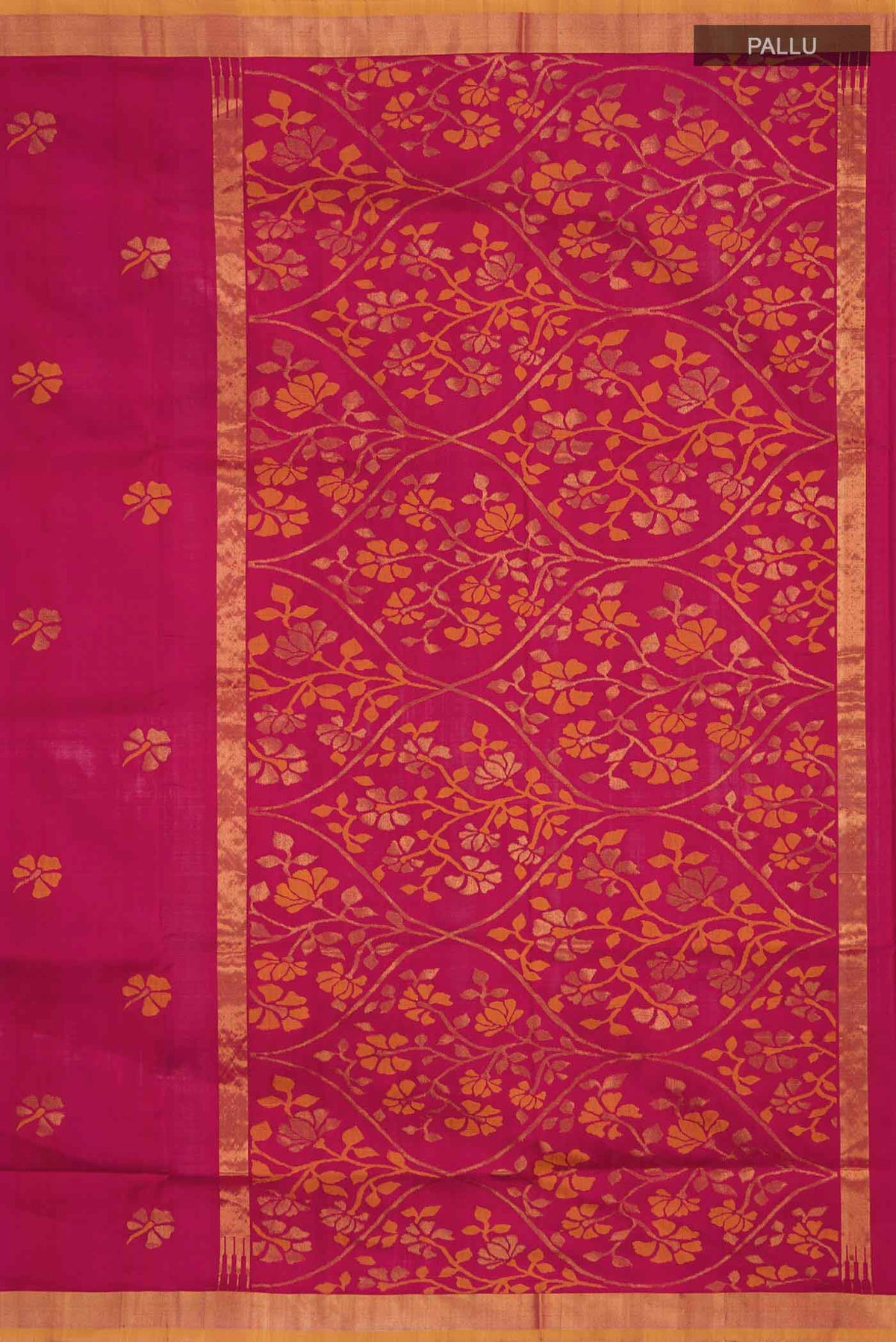 Close up image of the pallu of Maroon Uppada Silk Saree with Zari Butta on the body and Zari Border