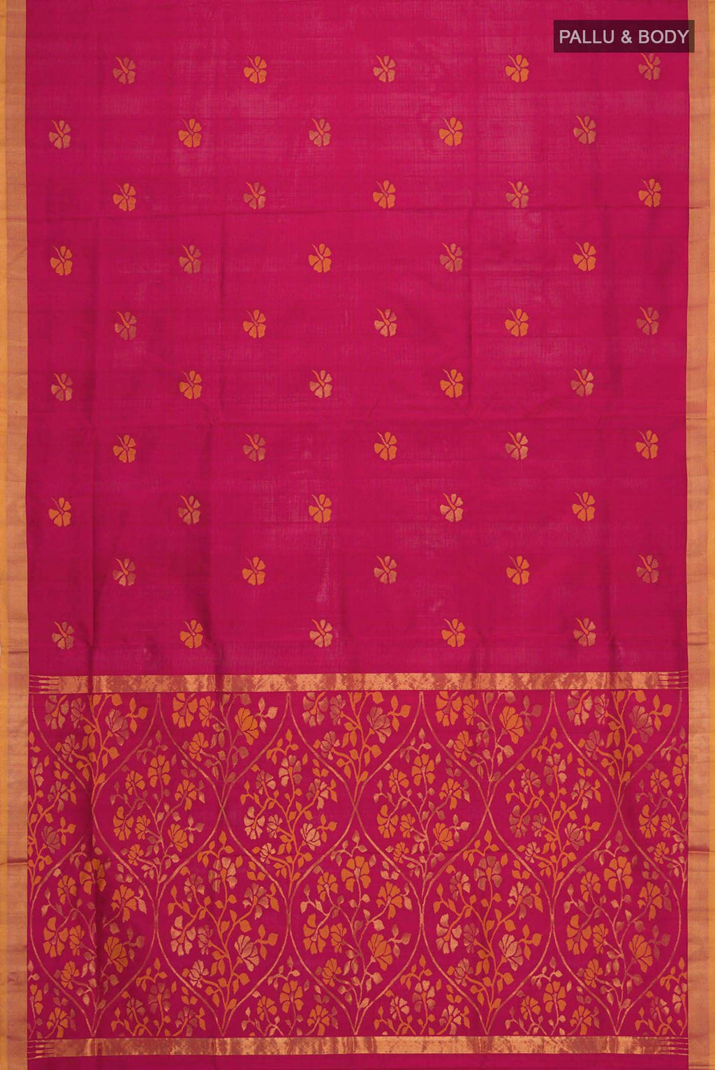 Flat view of Maroon Uppada Silk Saree with Zari Butta on the body and Zari Border