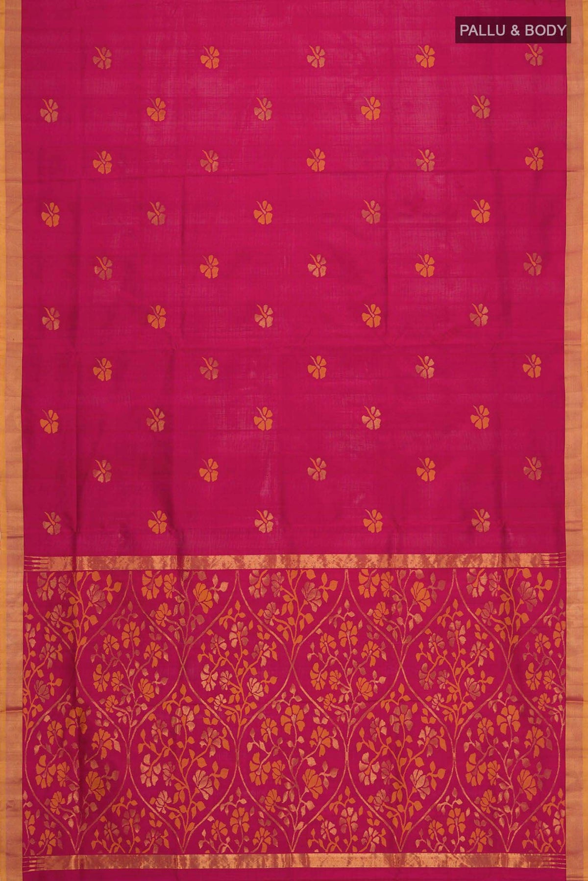 Flat view of Maroon Uppada Silk Saree with Zari Butta on the body and Zari Border