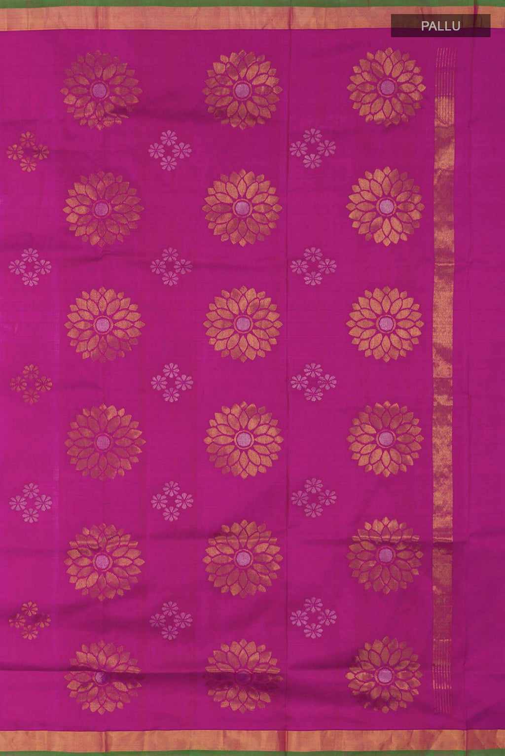 Close up image of the pallu of Magenta Uppada Silk Saree with Zari Butta on the body and Zari Border