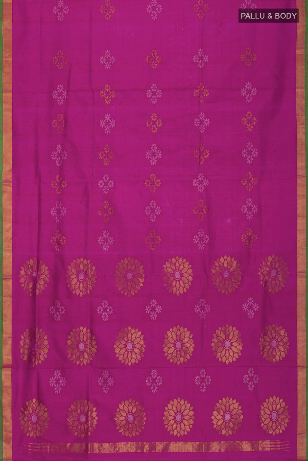 Flat view of Magenta Uppada Silk Saree with Zari Butta on the body and Zari Border