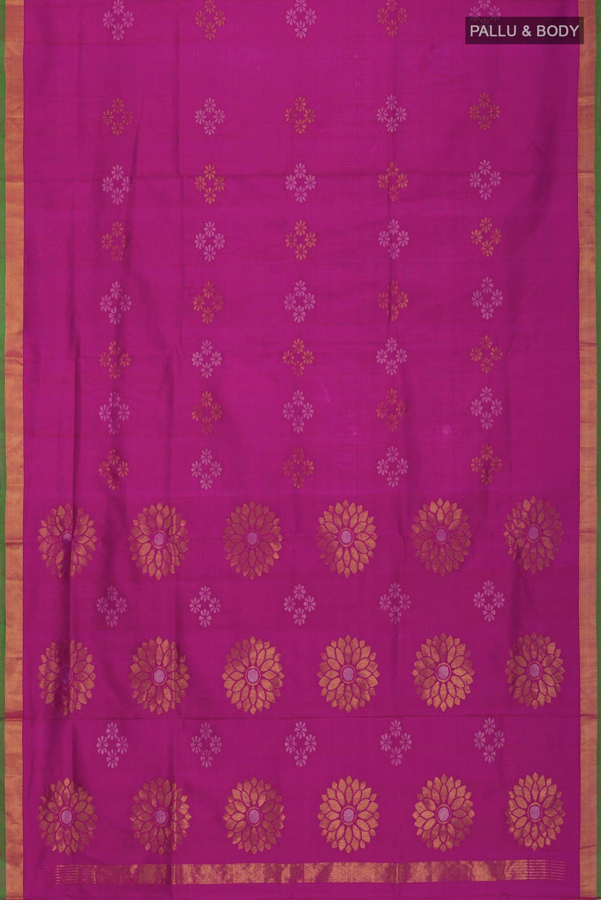 Flat view of Magenta Uppada Silk Saree with Zari Butta on the body and Zari Border