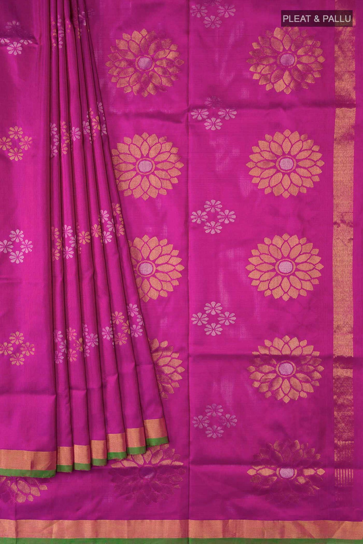 Pleats and pallu of Magenta Uppada Silk Saree with Zari Butta on the body and Zari Border