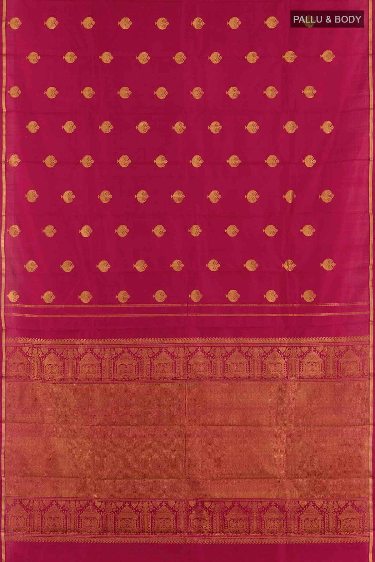 Flat view of Maroon Dual Tone Kanjivaram Silk Saree with Zari Butta on the body and Zari Border. 