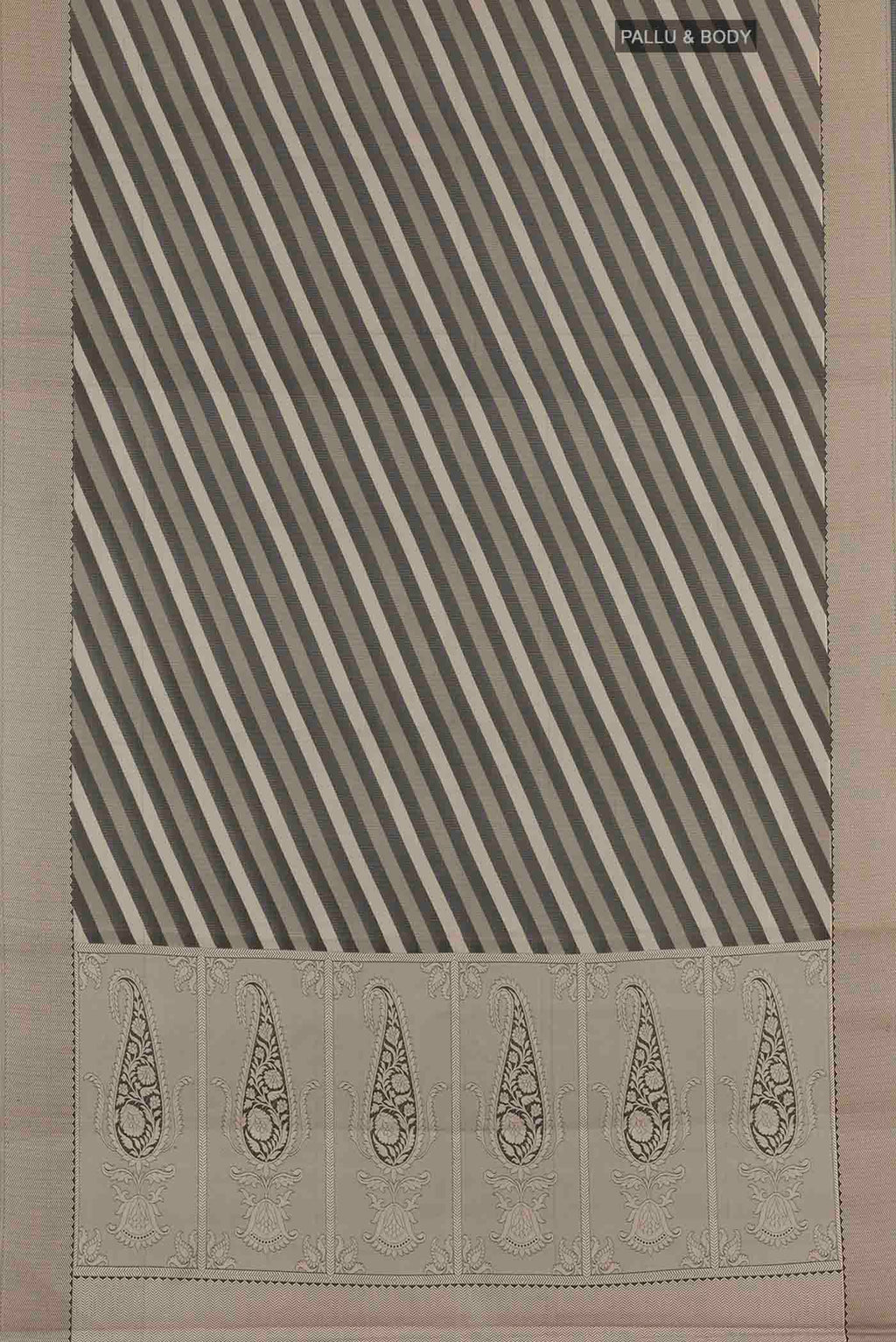 Flat view of Black Blended Kota Cotton Saree with Stripes on the body and Zari Border