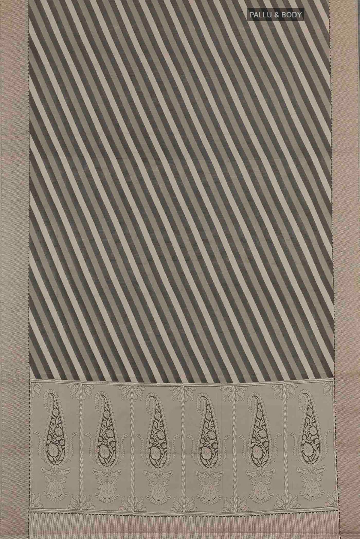 Flat view of Black Blended Kota Cotton Saree with Stripes on the body and Zari Border
