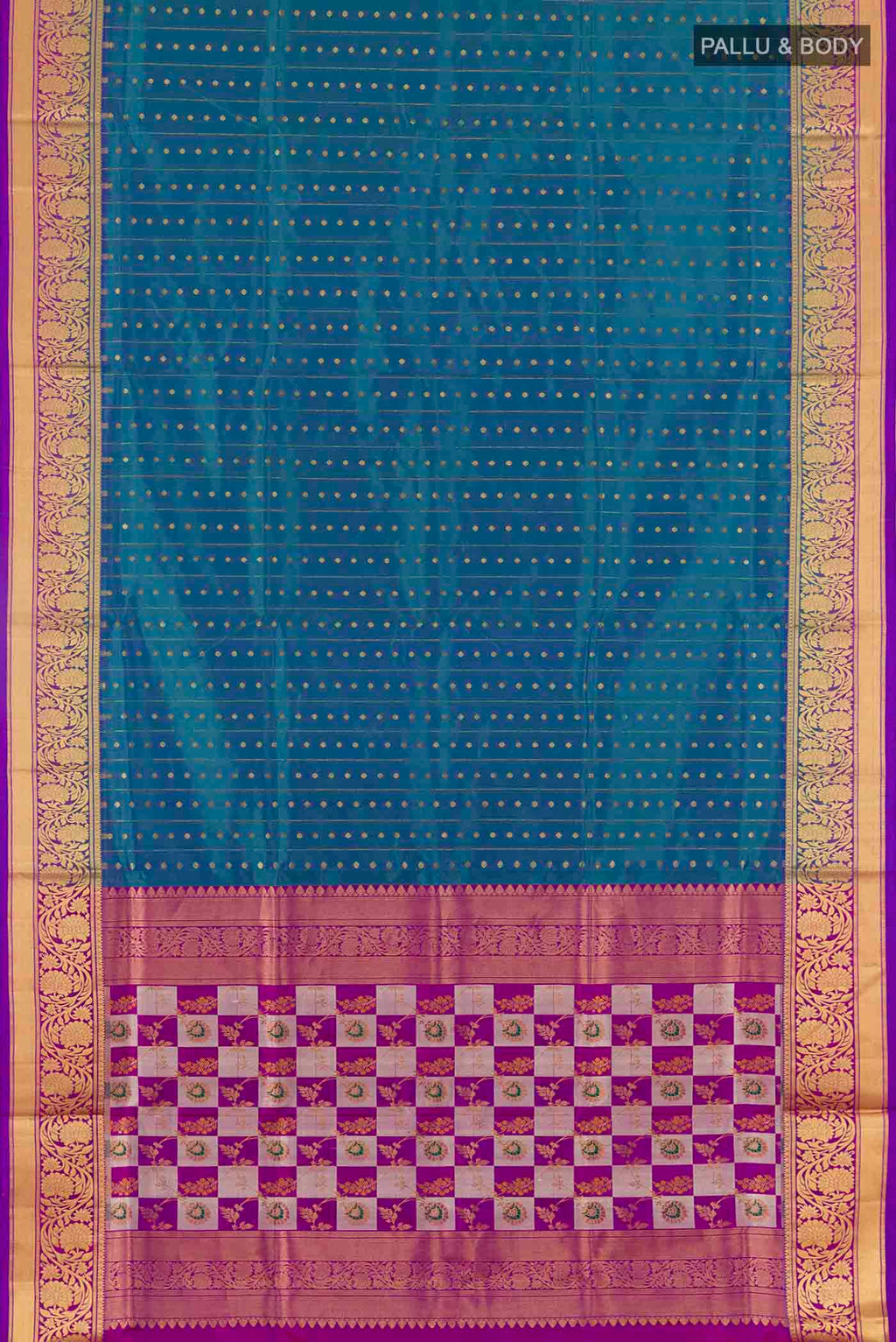 Flat view of Peacock Blue Dual Tone Soft Silk Saree with Stripes on the body and Zari Border