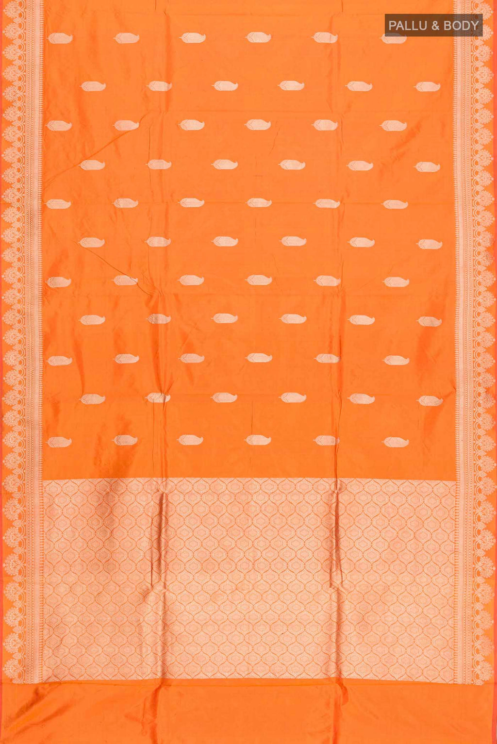 Flat view of Orange Banarasi Katan Silk Saree with Zari Butta on the body and Zari Border