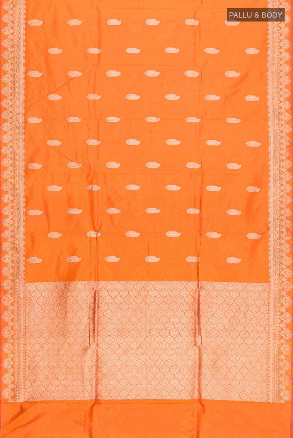 Flat view of Orange Banarasi Katan Silk Saree with Zari Butta on the body and Zari Border