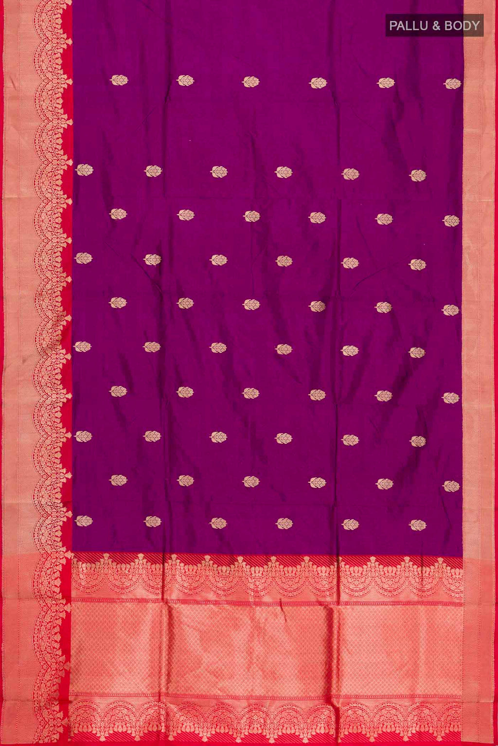 Flat view of Violet Banarasi Katan Silk Saree with Zari Butta on the body and Zari Border