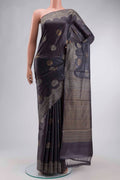 Grey Tussar Silk Saree with Zari And Thread Butta on the body and Thread Border displayed on a mannequin