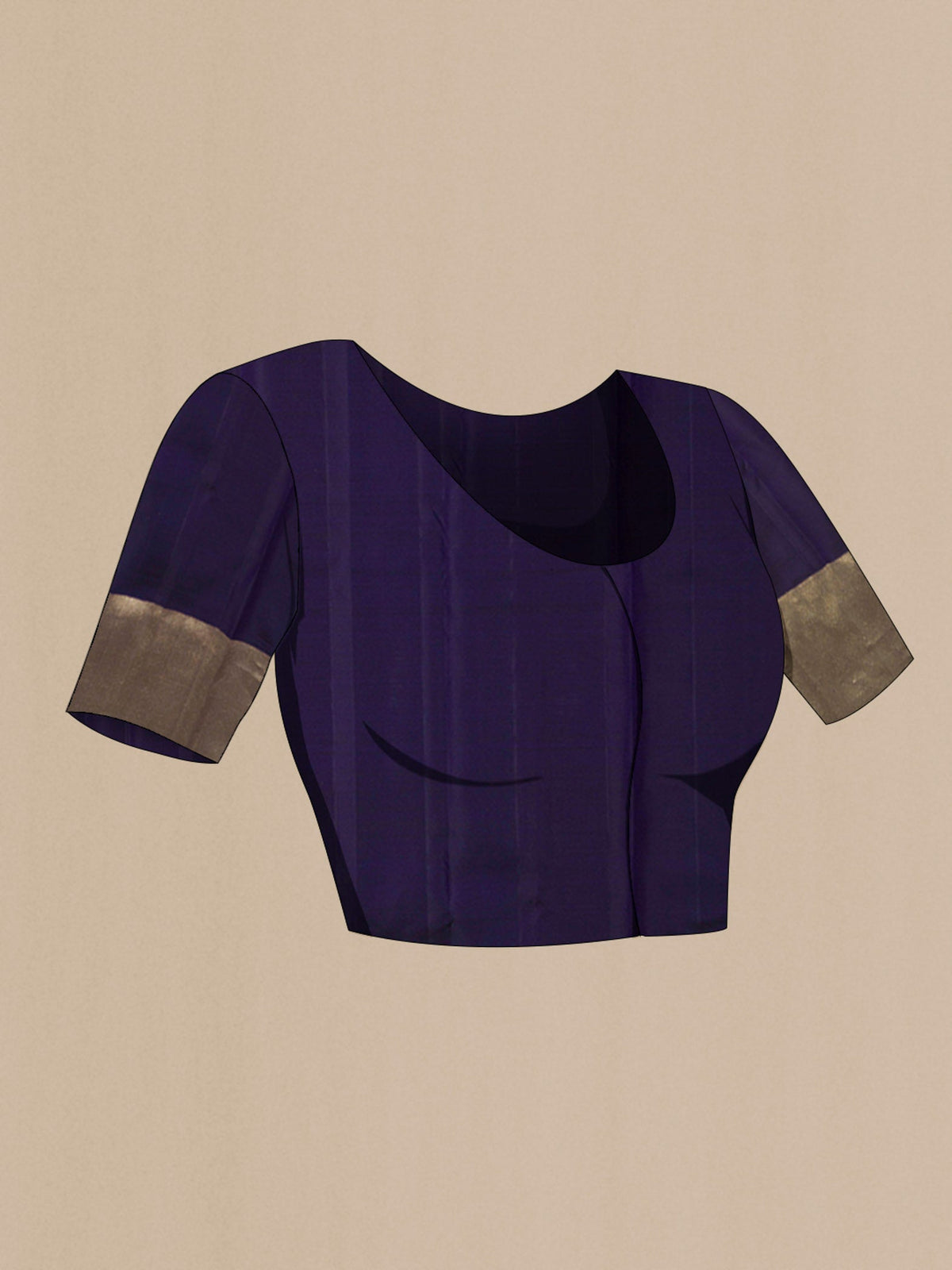 Close up image of the blouse of Dark Blue Kanchipuram Silk Saree with Zari Brocade on the body and Zari Border