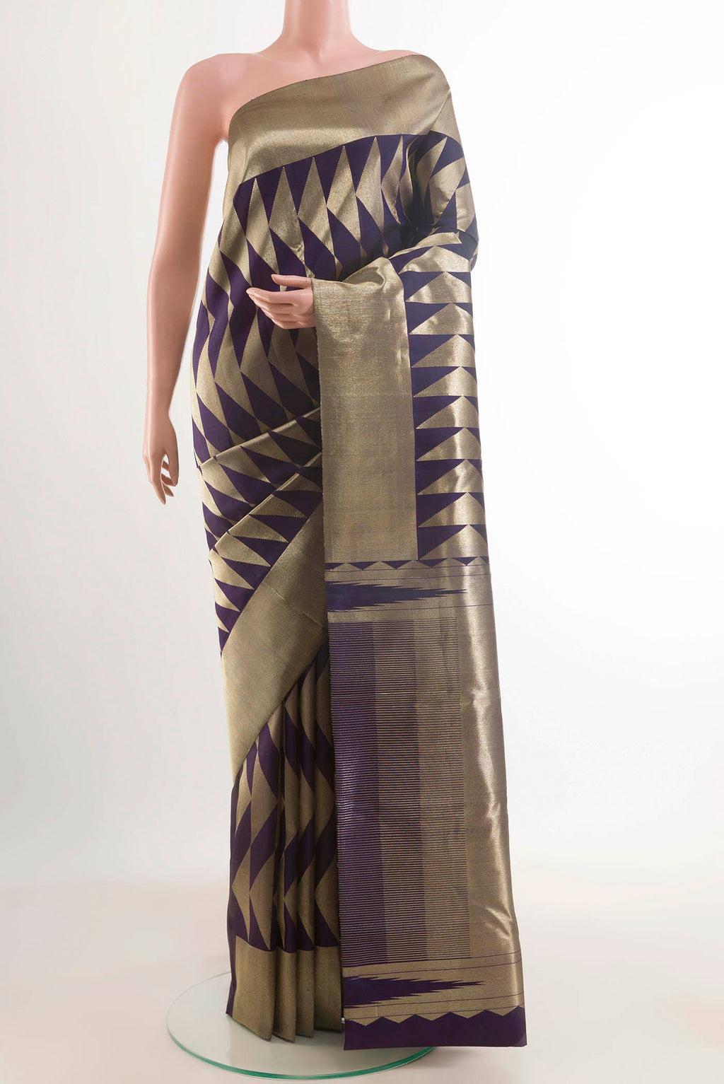 Dark Blue Kanchipuram Silk Saree with Zari Brocade on the body and Zari Border displayed on a mannequin