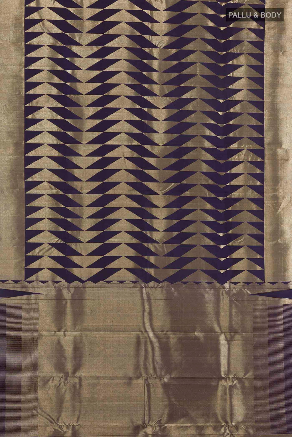 Flat view of Dark Blue Kanchipuram Silk Saree with Zari Brocade on the body and Zari Border
