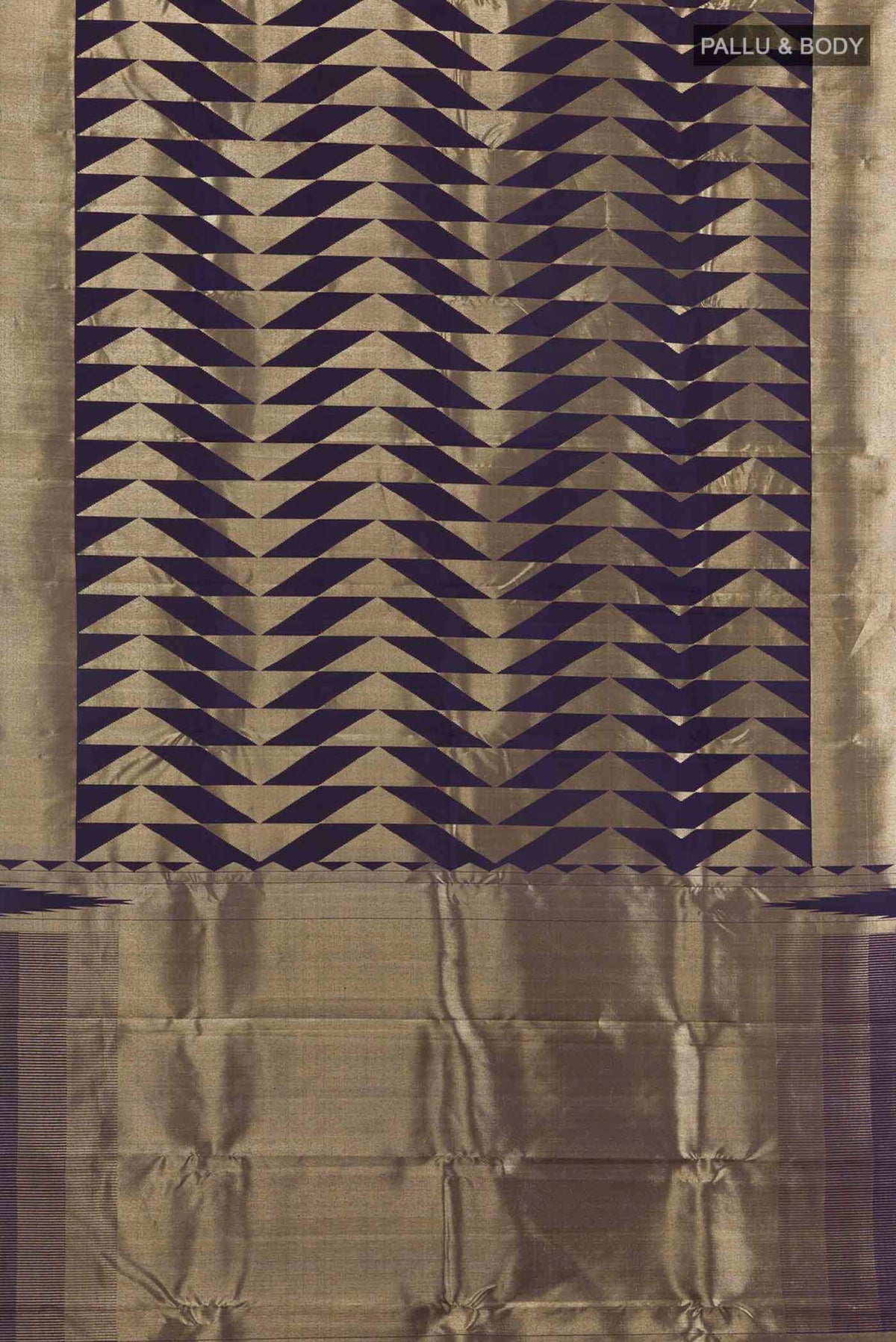 Flat view of Dark Blue Kanchipuram Silk Saree with Zari Brocade on the body and Zari Border