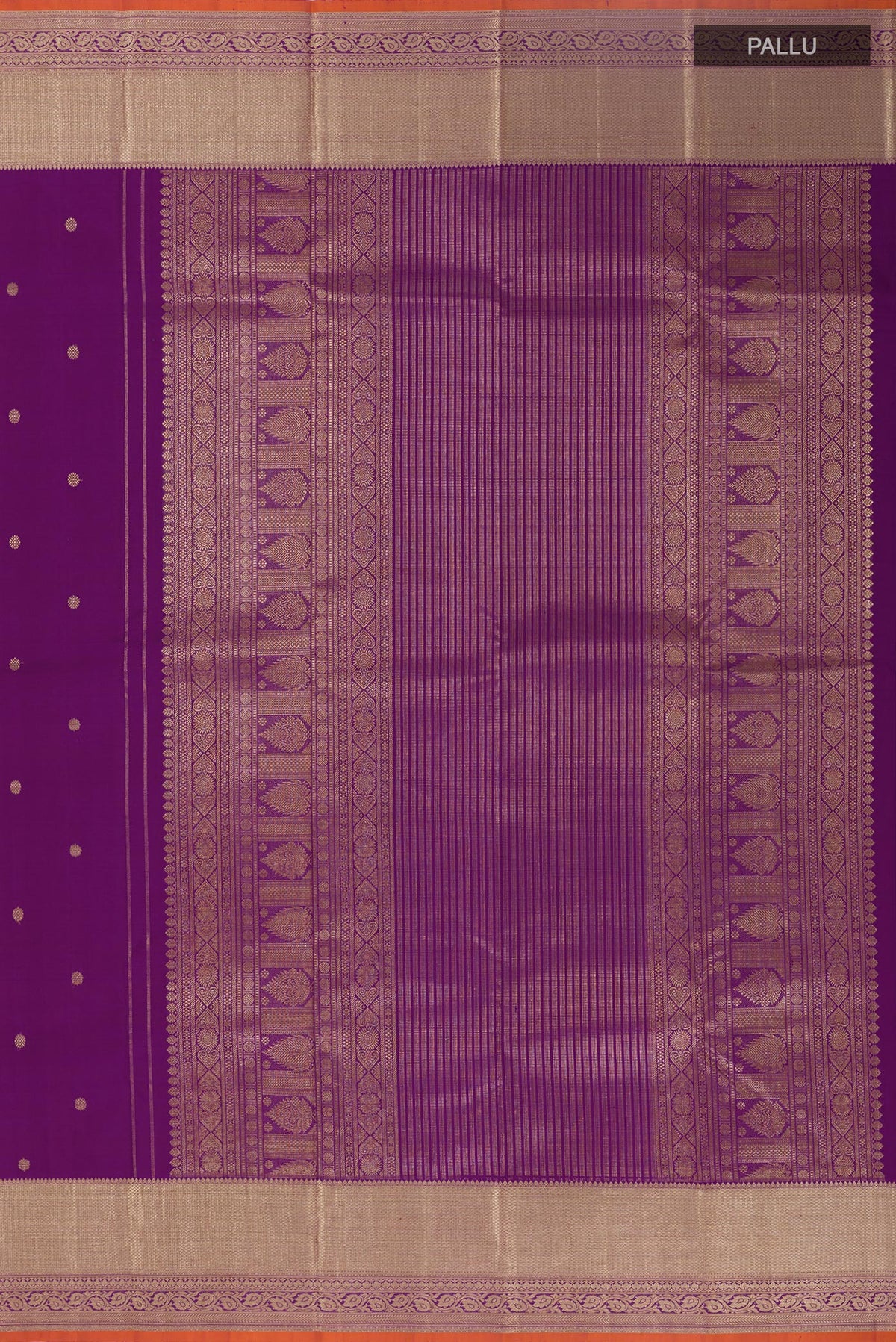 Close up image of the pallu of Purple Kanjivaram Silk Saree with Zari Butta on the body and Zari Border. 